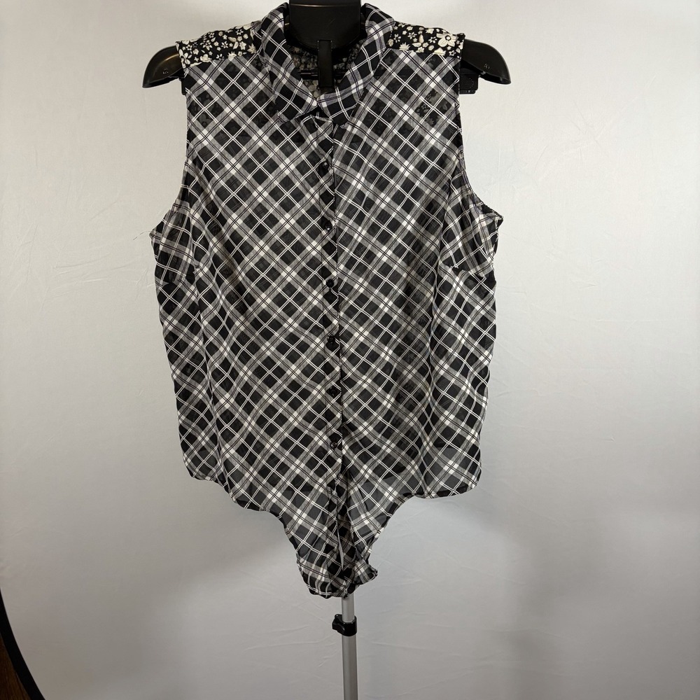 Y2K Deb 2X Plaid Floral Whimsigoth Black Sheer Button Tank Top Fairy Tie Emo VTG